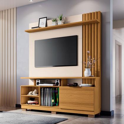 Imagem de Estante Home Theater Detalhes Ripado Sala Estar TV Até 55 Polegadas Prateleira E Pés Artheo