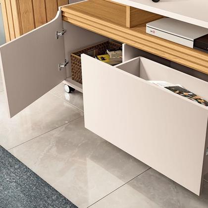 Imagem de Estante Home Theater Quantum Off White Cinamomo e Mesa de Centro Sky com Tampo de Vidro Off White  HB Móveis