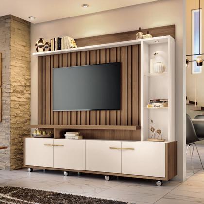 Imagem de Estante Home Theater Ripado Luminária Led Sala Estar TV Até 60 Polegadas Rodízios Prateleira De Vidro E 4 Portas Titan