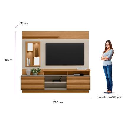 Imagem de Estante Home Theater Sala Estar TV Até 60 Polegadas 2 Portas Ripadas Nicho C/ Espelho e Luminária Led 1 Prateleira Eldorado 2.0