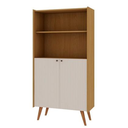 Imagem de Estante Livreiro com Molduras Detalhes em 45 e 2 Portas Pés em Madeira Maciça Bege/Cinamomo/White 100% MDF