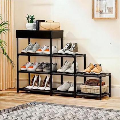 Imagem de Estante Multiuso Sapateira 8 Prateleiras Cesto Vazado Organizador Quarto Closet Lavanderia Preto