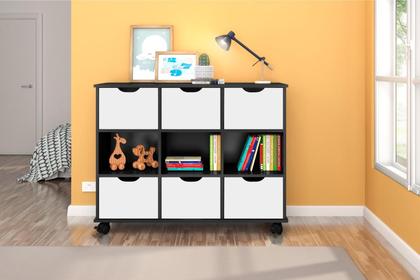 Imagem de Estante Nicho com Rodízios Kansas Preto com Gavetas Brancas