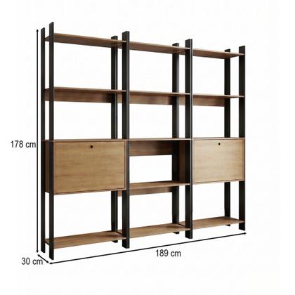 Imagem de Estante para Livros Barcelos 2 Portas 11 Prateleiras Mel/Preto - Pnr Móveis