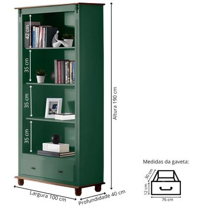 Imagem de Estante para Livros de Madeira com 3 Prateleiras 1 Gaveta e Pés Torneados - Verde Kalle Laca com tampo e base Imbuia Glazer