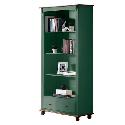 Imagem de Estante para Livros de Madeira com 3 Prateleiras 1 Gaveta e Pés Torneados - Verde Kalle Laca com tampo e base Imbuia Glazer