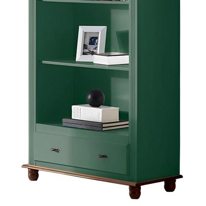 Imagem de Estante para Livros de Madeira com 3 Prateleiras 1 Gaveta e Pés Torneados - Verde Kalle Laca com tampo e base Imbuia Glazer