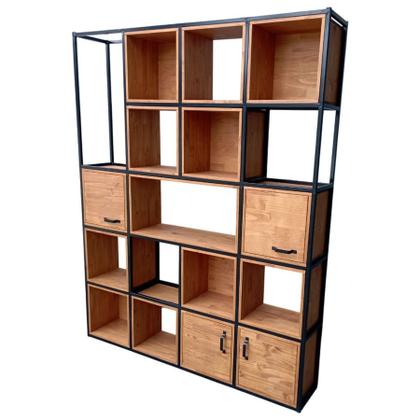 Imagem de Estante para Sala com Nichos Modelo Industrial Ferro e Madeira Maciça
