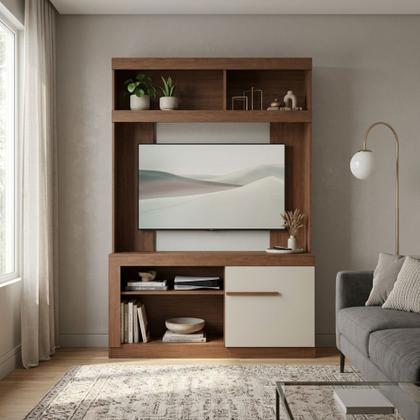 Imagem de Estante para TV até 50 Polegadas Sala Home Theater 1 Porta 2 Prateleiras 270cm Decibal Móveis ES503 Cor Marrom e Off White
