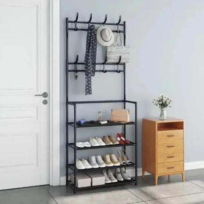 Imagem de Estante portátil com 4 prateleiras arara guarda de roupa sapateiraorganizador cabideiro ideal grande