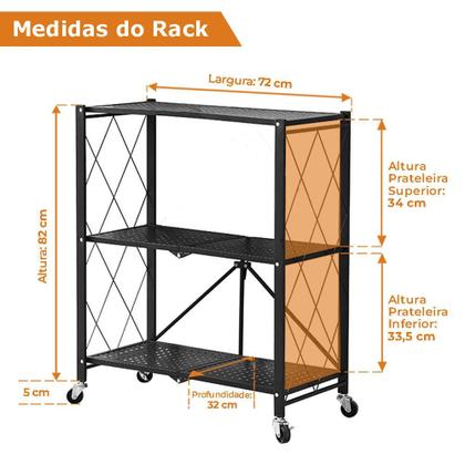 Imagem de Estante Rack de Aço Dobrável Preta com 3 Prateleiras e Rodízios