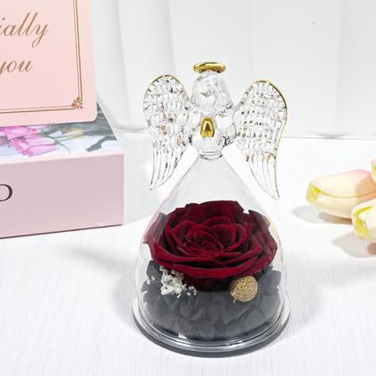 Imagem de Estatueta Anjo Yamônico com Rosa Vermelha Preservada 13x8 cm