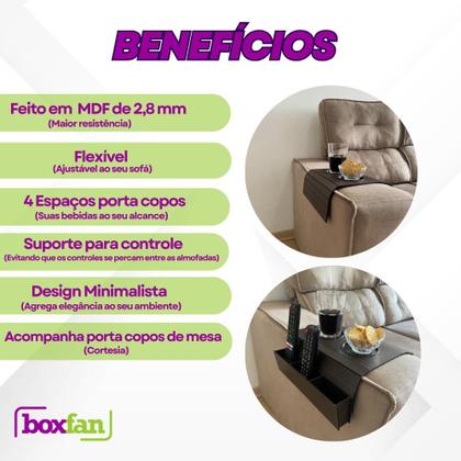 Imagem de Esteira Bandeja Porta Copo De Sofá Com Porta Controle Kit 2 Peças Suporte Para Braço De Sofa Flexível Em Mdf Tabaco