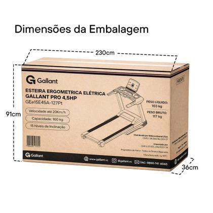 Imagem de Esteira Ergométrica Elétrica Gallant Elite Pro 4,5hp 20km/h 160kg 15 Níveis de Inclinação 220v (GEE15E45A-220PT)