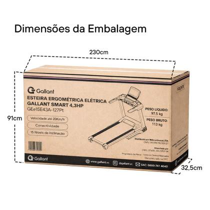 Imagem de Esteira Ergométrica Elétrica Gallant Smart 4,3hp 20km/h 150kg 15 Níveis de Inclinação 220v (GEE15E43A-220PT)