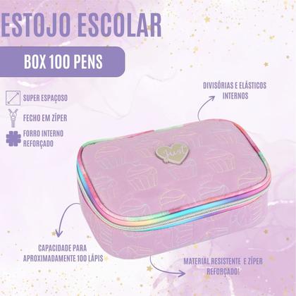 Imagem de Estojo Box Escolar Organizador Com Divisórias Duplo Meninas Juvenil