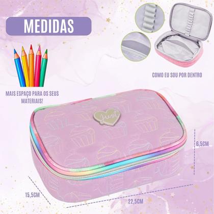 Imagem de Estojo Box Escolar Organizador Com Divisórias Duplo Meninas Juvenil