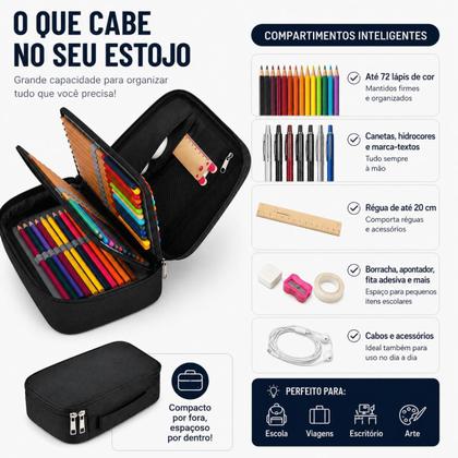 Imagem de Estojo Escolar Box Jumbo Grande Organizador 72 Divisórias Impermeável Porta Lápis Caneta Unissex