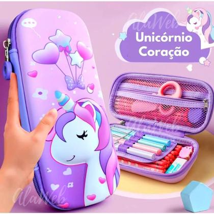 Imagem de Estojo Escolar Infantil 3D Com 3 Divisões Lápis Canetas Unicórnio