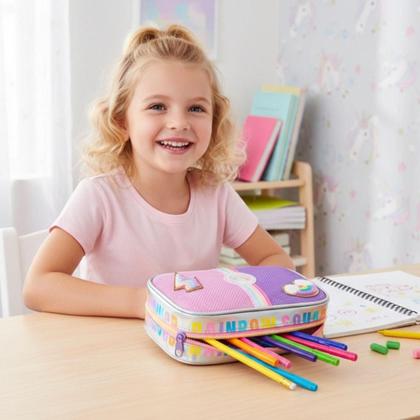 Imagem de Estojo Infantil Escolar Box Compartimentos Espaçoso Material Resistente Grande Design Colorido Feminino Meninas Organizador Lápis Caneta