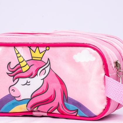 Imagem de Estojo Infantil Escolar Duplo Reforçado Premium Menina Feminino Unicórnio Princesa Cristal Juvenil Grande
