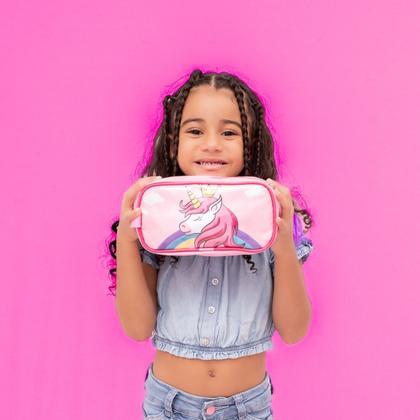 Imagem de Estojo Infantil Escolar Duplo Reforçado Premium Menina Feminino Unicórnio Princesa Cristal Juvenil Grande