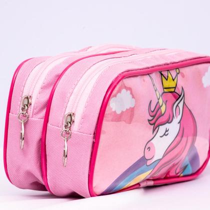 Imagem de Estojo Infantil Escolar Duplo Reforçado Premium Menina Feminino Unicórnio Princesa Cristal Juvenil Grande