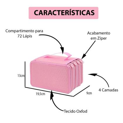 Imagem de Estojo Organizador Escolar Grande 72 posições e 4 níveis com Zíper para Canetas e Lápis Rosa