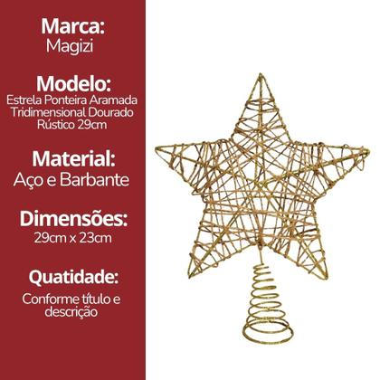 Imagem de Estrela Ponteira Aramada Tridimensional Dourado Rústico Espiral 29cm - Magizi