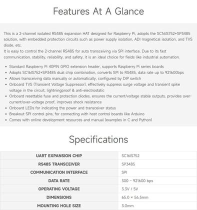 Imagem de Expansão HAT Waveshare RS485 isolado de 2 canais para Raspberry Pi