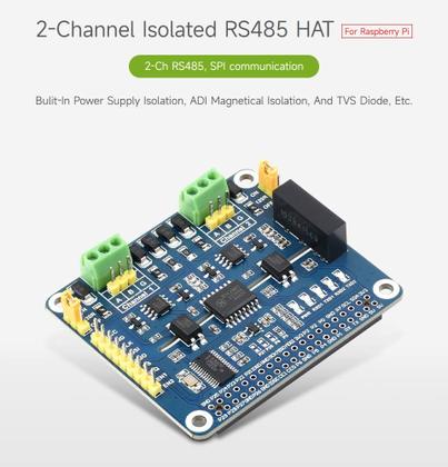 Imagem de Expansão HAT Waveshare RS485 isolado de 2 canais para Raspberry Pi