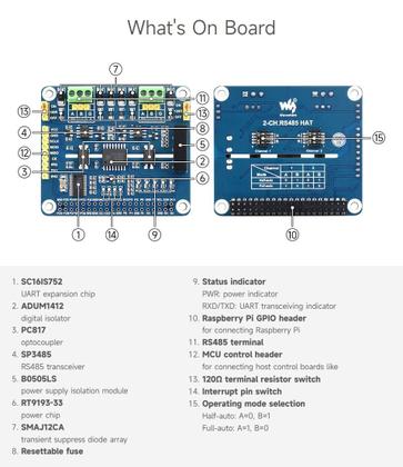 Imagem de Expansão HAT Waveshare RS485 isolado de 2 canais para Raspberry Pi