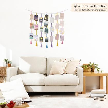 Imagem de Expositor fotográfico suspenso em macramê, decoração de parede, mono com luzes de corda