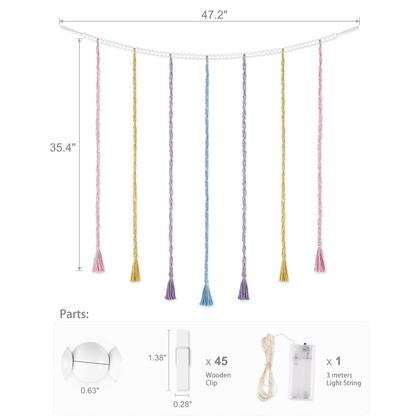 Imagem de Expositor fotográfico suspenso em macramê, decoração de parede, mono com luzes de corda