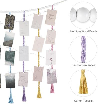 Imagem de Expositor fotográfico suspenso em macramê, decoração de parede, mono com luzes de corda