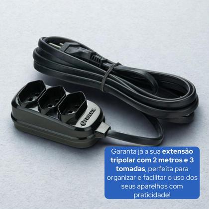 Imagem de Extensão 2m Tripolar Preta Com 3 Tomadas 2P+T Fiolux