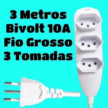 Imagem de Extensão 3 Tomadas 10a Bivolt Fio Grosso Régua Elétrica 3mts