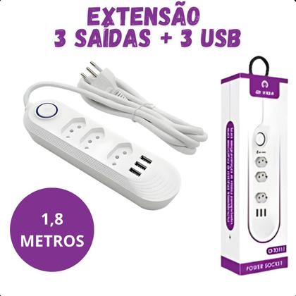 Imagem de Extensão 3 Tomadas 3 USB 2500W Bivolt Branco