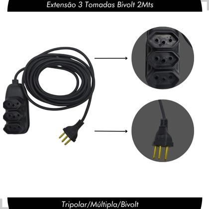 Imagem de Extensão 3 Tomadas Bivolt 2Mts Cabo PP LIDER LUX