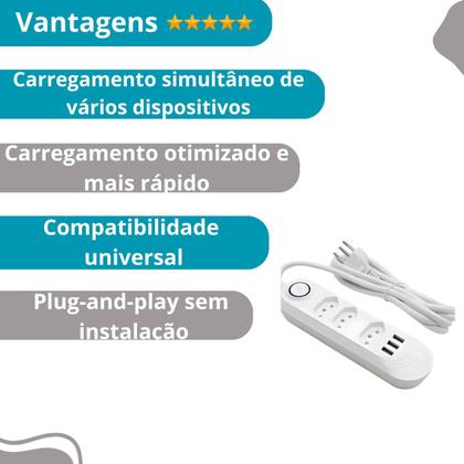 Imagem de Extensão 3 Tomadas com 3 USB Branco, 2500W Bivolt