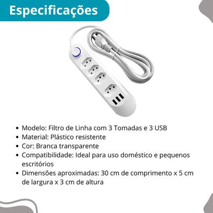 Imagem de Extensão 3 Tomadas com 3 USB Branco, 2500W Bivolt