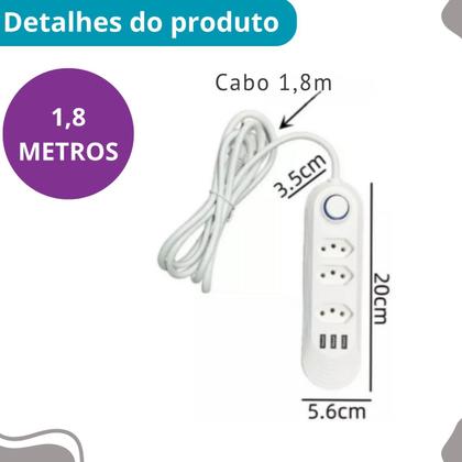 Imagem de Extensão 3 Tomadas com 3 USB Branco, 2500W Bivolt