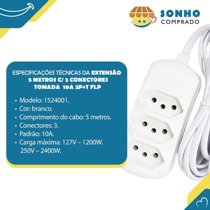 Imagem de Extensão 5 metros C/ 3 Conectores Tomada 10A 2P+T branca 1524001 FLP