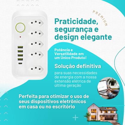 Imagem de Extensão 5 Tomadas 4 Usb 1 Tipo C 1 Pd Led Bivolt 110v/220v