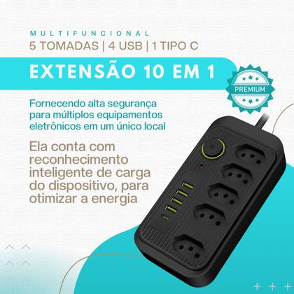 Imagem de Extensão 5 Tomadas 4 Usb 1 Tipo C 1 Pd Led Bivolt 110v/220v