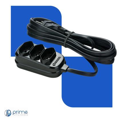 Imagem de Extensão 5m Tripolar Preta Com 3 Tomadas 2P+T Fiolux