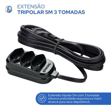 Imagem de Extensão 5m Tripolar Preta Com 3 Tomadas 2P+T Fiolux