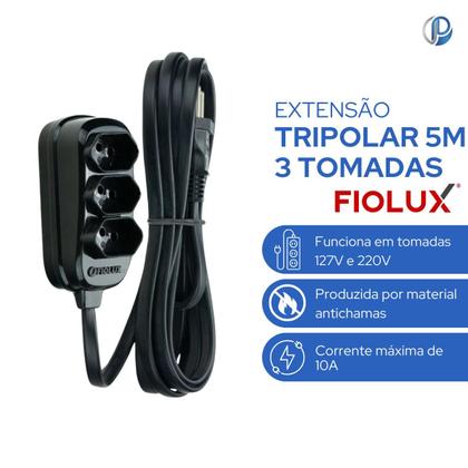 Imagem de Extensão 5m Tripolar Preta Com 3 Tomadas 2P+T Fiolux