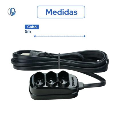 Imagem de Extensão 5m Tripolar Preta Com 3 Tomadas 2P+T Fiolux