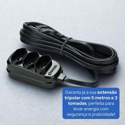 Imagem de Extensão 5m Tripolar Preta Com 3 Tomadas 2P+T Fiolux